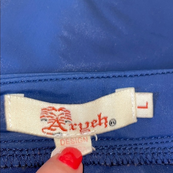 Aryeh womens blouse large 12 14 Navy Blue bell sleeve stretch business casual - Picture 5 of 7